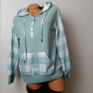 Womens Mint Green Buffalo Plaid Cable Knit Henley Hoodie Pullover Size M